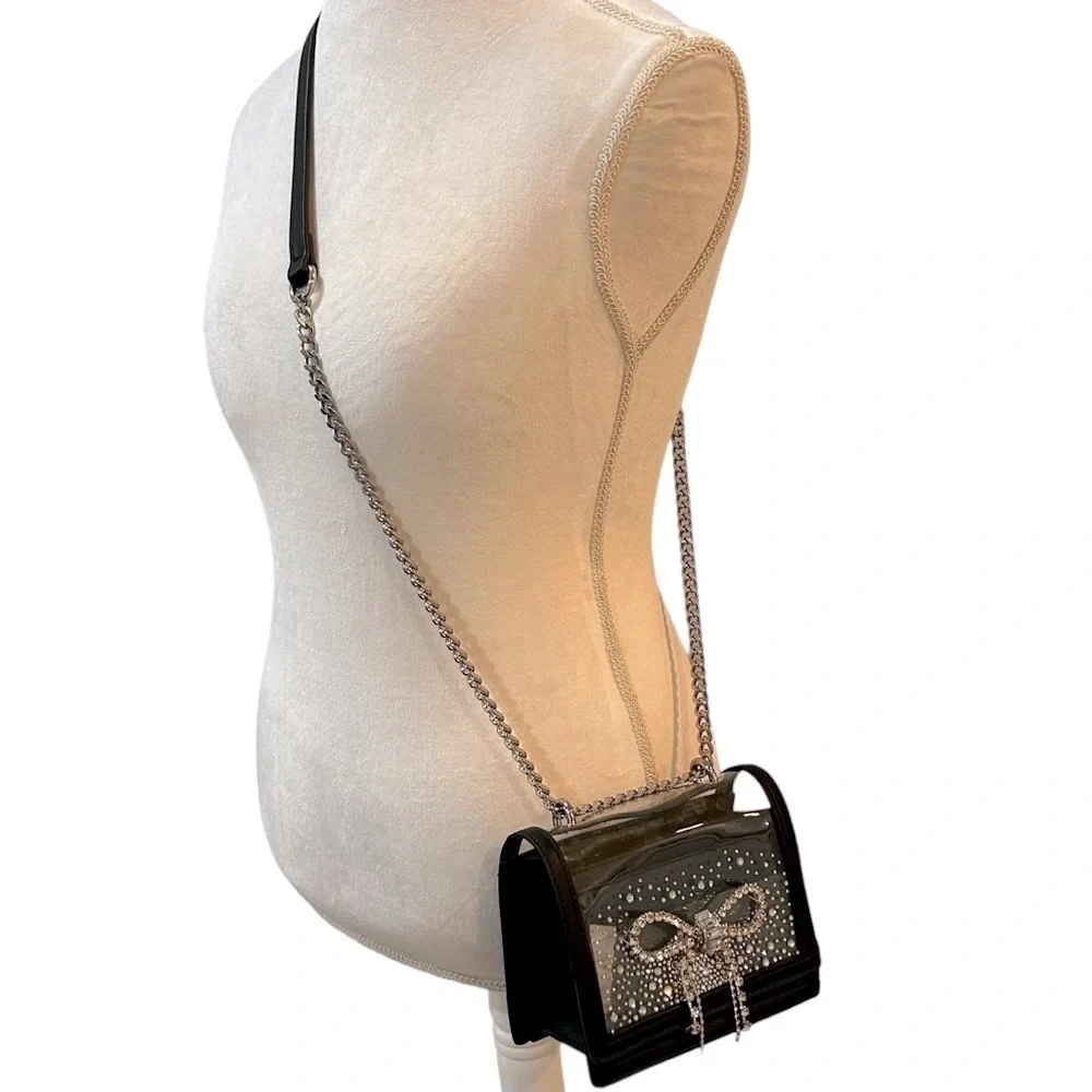 BETSEY JOHNSON Stadium bag Embellished Bow Black Clear Silver bling Like new - Picture 4 of 15